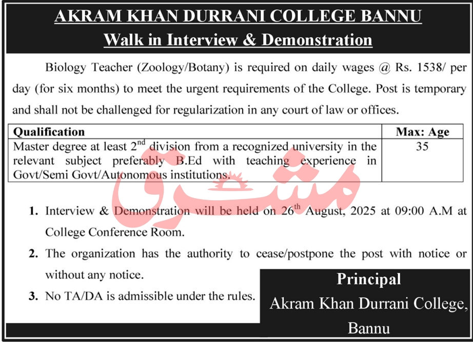Jobs in Akram Khan Durrani College Bannu